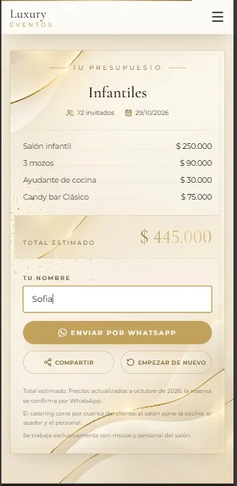 Luxury Eventos: 3 · Presupuesto listo